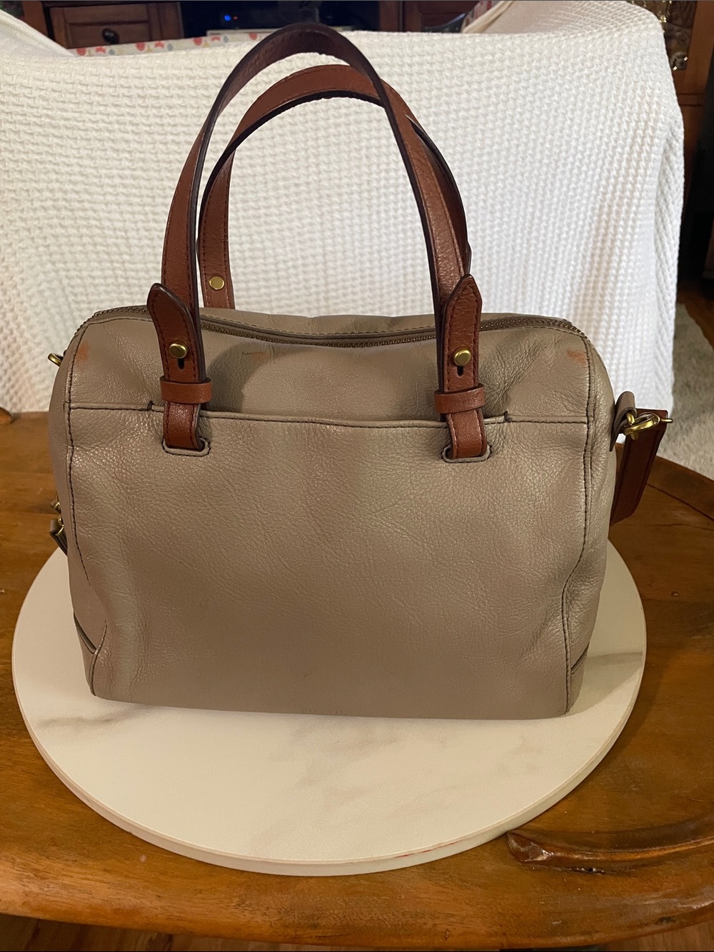 Fossil Taupe Satchel/shoulder bag with Brown Leather Handles